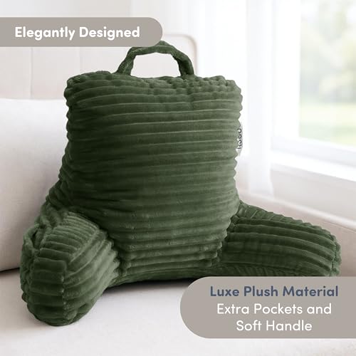 Image of Nestl Reading Pillow for Kids & Teens with Shredded Memory Foam, Luxe Cut Plush Backrest Pillows for Reading and Gaming, for use on Couch or Bed, Adjustable Support with Washable Cover Olive Green