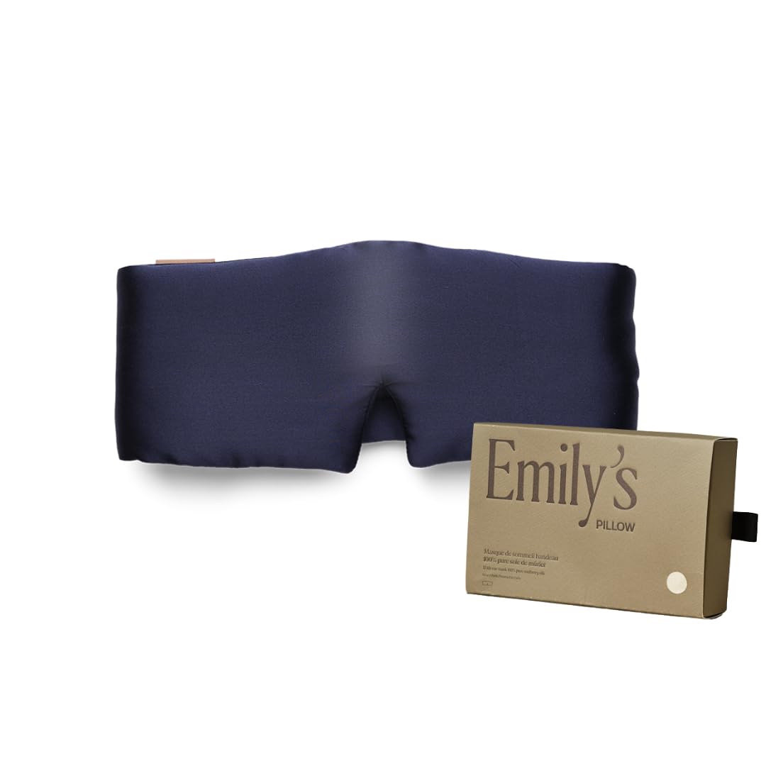 Emily's Pillow - Masque de Nuit Bandeau en Pure Soie de Mûrier Biologique - Fabriqué à la main - 19 Momme - Qualité Supérieure Grade 6A - Bleu Nuit - 100% Ajustable - 70 cm