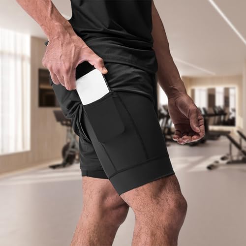 Men’s 2 in 1 Running Shorts, Soft Breathable Quick-Drying Workout Gym Athletic Shorts with Zipper Pockets and Towel Loop