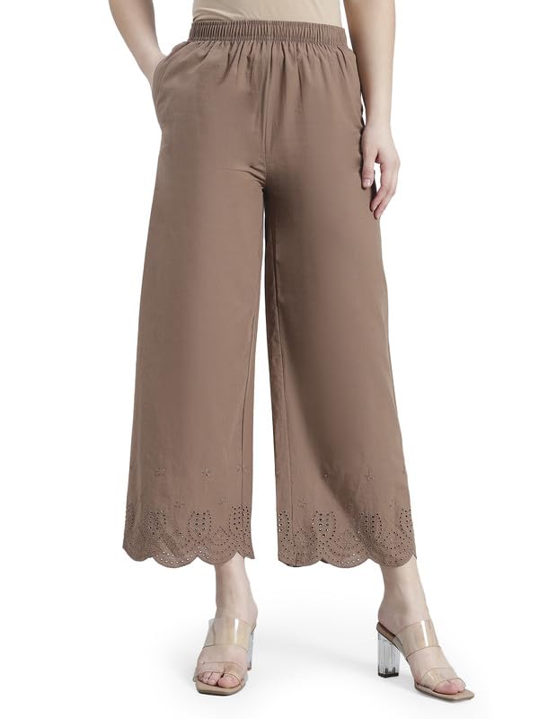 Image of GO COLORS Women's Cotton Hakoba Palazzo | Ankle Length, Schiffli Embroidery, Relaxed Fit, Mid-Rise with Side Pocket