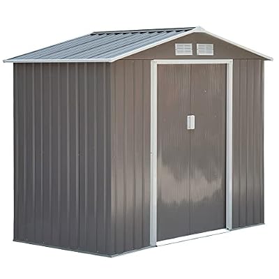 Outsunny 7' x 4' Outdoor Storage Shed, Garden Tool Metal Shed with Foundation Kit, Double Lockable Door, Air Vents and Sloping Roof, for Backyard, Patio, Lawn, Gray