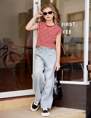 Image of Arshiner Girls T Shirts Cap Sleeves Casual Summer Tops Crewneck Tank Loose Fit Fashion Blouse Tee