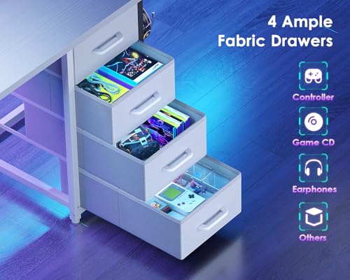 Image of ODK 55 Inch Gaming Computer Desk with Power Outlets and 4 Drawers, Large Home Office Desk with Monitor Stand, Printer Shelf and Storage Shelves for Gaming or Bedroom Setup, White