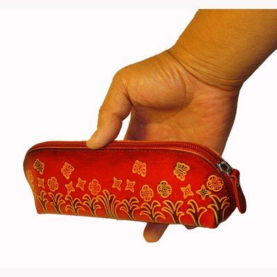 Genuine Leather Pencil Bag,Glasses Holder, Travel Cosmetics Bag ,Butterfly & Flower Pattern, Burgundy #TOP8