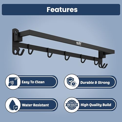 Image of Gloxy Premium Towel Holder in Bathroom with Hooks - 24 Inch Black Matte Finish Stainless Steel Towel Rod for Bathroom - Rust Resistant Home Decor Bathroom Fittings Accessory Bathroom Clothes Holder