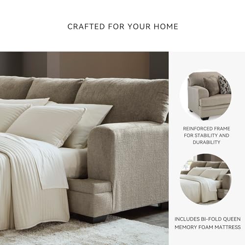 Image of Signature Design by Ashley Queen Sofa Sleeper Pull Out Couch, Taupe | No assembly required, Fits 32 in doorways, 4 in memory foam mattress on a supportive steel frame, Stonemeade Series