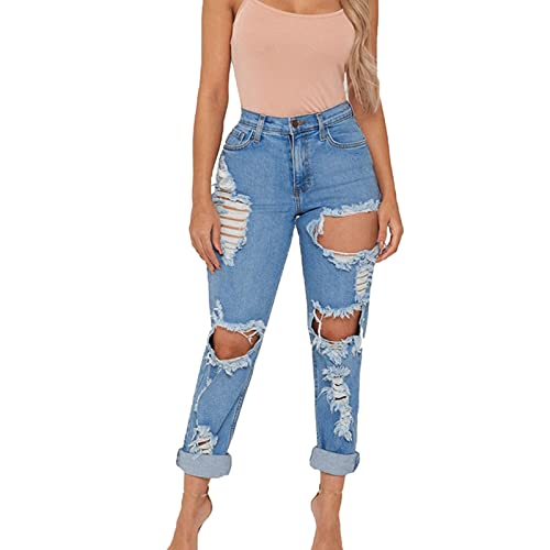 Maiyifu-GJ Women's High Waisted Ripped Boyfriend Jeans Loose Fit Distressed Destroyed Denim Pants Casual Comfy Stretch Jeans