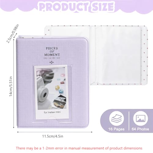 Image of ZIBUYU Photo Album for Instax Mini 12 11 9, 64 Pockets, PU Cover, Purple | Clear Sleeves Support Easy Viewing, Portable Memory Album for Family Travel Moments