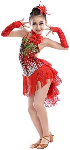 Kid Girls Sequins Dance Clothes Ballroom Jazz Samba Ice Skating Dress Dancing Competition Costumes, Red, 6-7Y