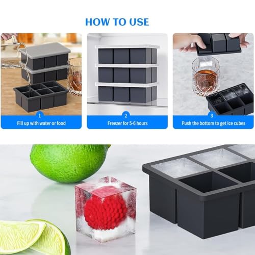 Image of Ice Cube Molds with Lid,Big Silicone Ice Cube Tray for Whiskey,2Inch Square Ice Cube Tray,Easy-Release Ice Mold,Giant Ice Cubes for Bourbon Cocktail (1, Black)