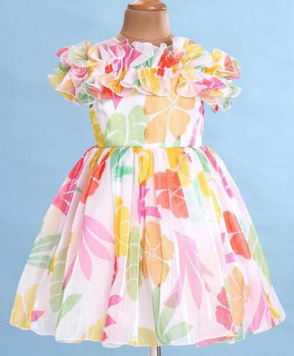 Image of Buy & Try Beautiful Off Shoulder Printed Georgette Birthday Dress for Baby Girls | Stylish Outfit for Kids | Comfortable & Trendy Off Shoulder Dress for Special Occasions