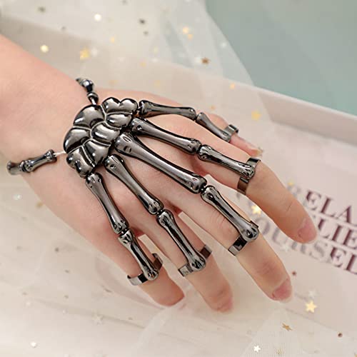 SIQITECHNO Skeleton Hand Bracelet with Ring Halloween Skull Bracelet Claw Bangle Alloy Skull Wristband Cosplay Party 1PC2
