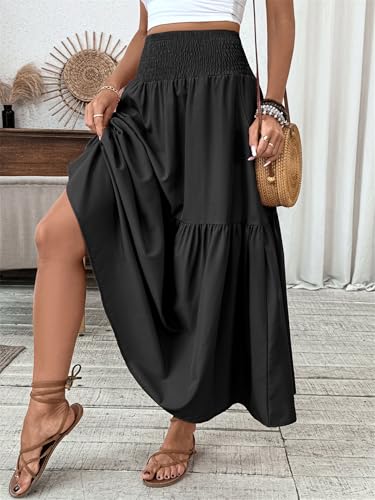 Women's Summer Floral Maxi A-Line Boho Skirt, Summer for Women 2025 Vacation Boho Floral Tiered (10,Grass Green)3