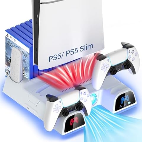 PS5 & PS5 Slim Cooling Station Stand with Controller Charging Station for PlayStation 5 Digital & Disc Edition Console, Nargos PS5 & PS5 Slim Accessories with 3 Level Cooler Fan Cover