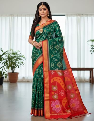 Image of AYYAPPASILK Women's Exclusive Ikkat Silk Saree for Designer Border with Contrast Blouse