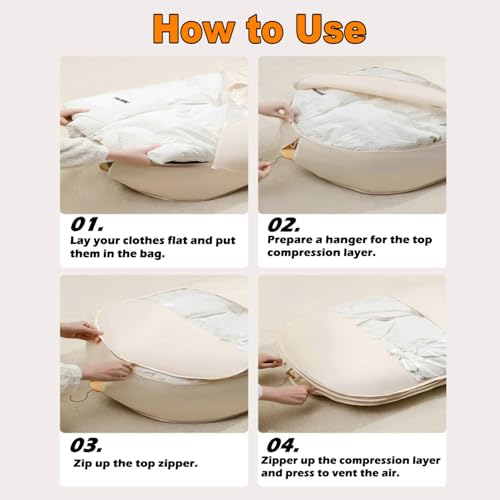 Space Saving Hanging Garment Bag with Self Compression Zipper, 2025 New Large Capacity Long Hanging Clothes Compression,Thick Satin Fabric Dust Cover Clothes Suit Bags for Coats, Down,Dress(Beige,XL)4