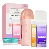 Roll On Wax Kit, Portable Wax Roller Kit for Coarse/Fine Hair Removal, Beginners Waxing Roller for All Skin Types with 3 Pcs 100g Roll Cartridge, 100 Non-Woven Strips & 10 After Oil Wipes (F1_Pink)