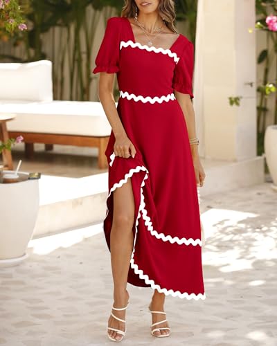 Image of BTFBM Women 2025 Summer Square Neck Short Puff Sleeve Dress Casual RIic Rac Tie Back Smocked Wedding Guest Maxi Dresses