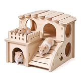Maison Hamster Bois Naturel Lapin Cabane Rongeur Escalier 14x13cm | Cabane Hamster Bois Ma...