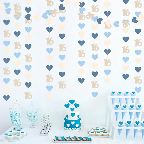 Image of Champagne Gold Blue 16th Birthday Decorations Champagne Gold Dusty Blue Heart Garland Streamer Banner Backdrop for Girls Happy 16th Birthday Sweet 16 Decorations Cheers to 16 Years Old Party Supplies