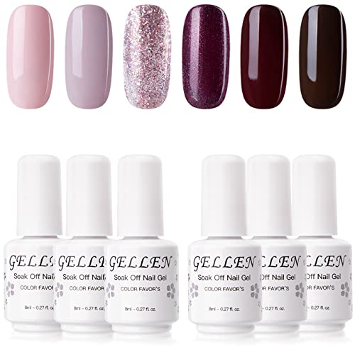Gellen Gel Nail Polish KIT 6 Colors - Misty Rose & Midnight Series Pastel Pink Wine Tone, Rose Glitter Home Nail Art Salon Gel Manicure Set