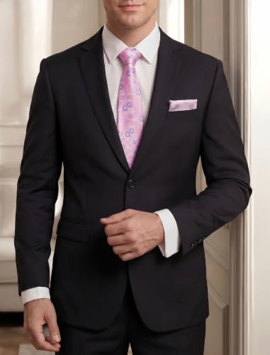 Image of HISDERN Extra Long Ties for Men Classic Floral Tie and Pocket Square Elegant Silk Necktie Handkerchief Set Wedding Party