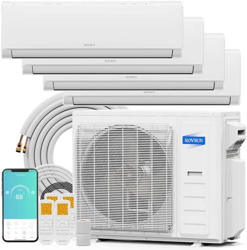 ROVSUN 35000 BTU Quad Zone WIFI Mini Split AC/Heating System, 19 SEER2 4 Zone 9000+9000+9000+9000 BTU Ductless Split Air Conditioner with Pre-Charged Condenser, Heat Pump & 25Ft Line Set, 208-230V