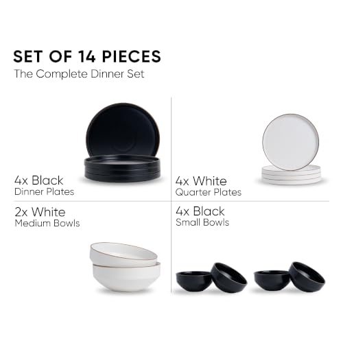 Image of Shay Modern Ceramic Dinner Set, 14 Pcs, Black & White | Crockery Set for Gifting & Dining| Premium Ceramic Dinner Set | Matte Finish (Japandi Dinner Set -Black & White, 14 Piece)