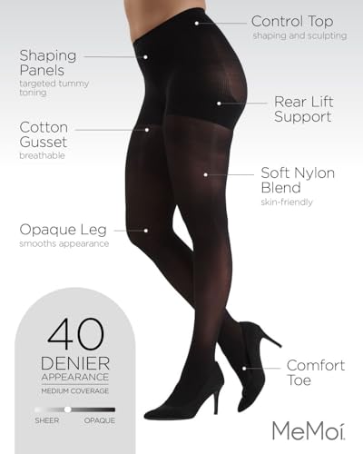 Image of MeMoi Semi-Opaque Tights, Comfortable and Lightweight Control Top Tights, 40 Deneir - Sizes Small to Q2