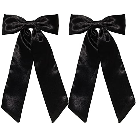 Furling Pompoms Hair Bows Hair Clips with Long Tail,2pcs Black Ribbon Bows Hair Clip for Women Satin Bowknot Hair Barrettes,Big Bows for Girls Hair Accessories,Party Wedding Prom Daily Outfits Cover