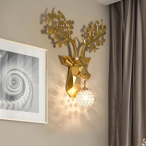 Image of Solo Decor Resin Deer Head Wall Sconce Gold Crystal Ball Light Fixture Modern Antler Design Light Lamp for Living Room,Bedroom and Office Wall Decoration(Without Bulb)