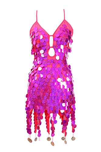 FEOYA Women s 1920s Sequins Dress Sexy Backless Dance Party Dresses Tie Closure Ballroom Practice Dancewear, Rose Red