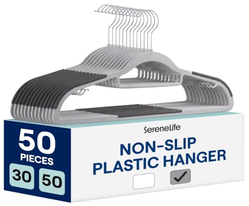 SereneLife Plastic Clothes Hangers with Non-Slip Rubber Pad, 50 Pack, Gray