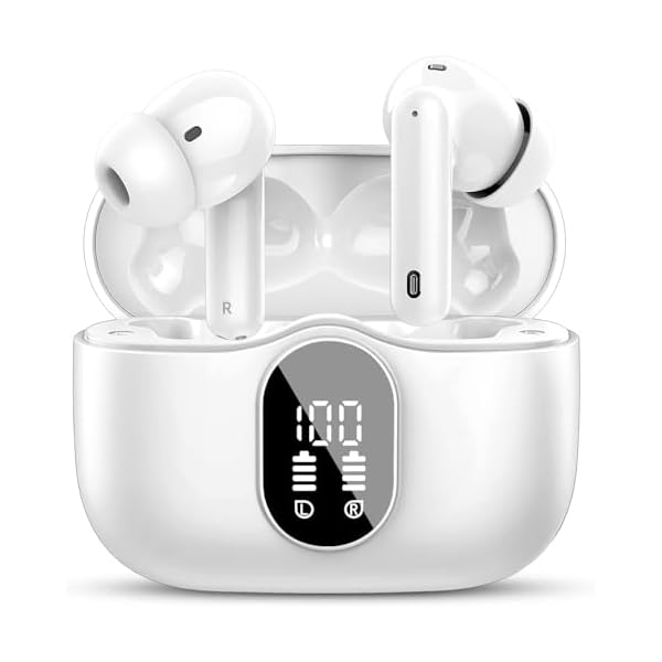 Wireless Earbuds Bluetooth 5.4 Headphones Bass Stereo Ear Buds with Noise Cancelling Mic LED Display in Ear Earphones IP7 Waterproof 36H Playtime for Laptop Pad Phones Sports Workout White