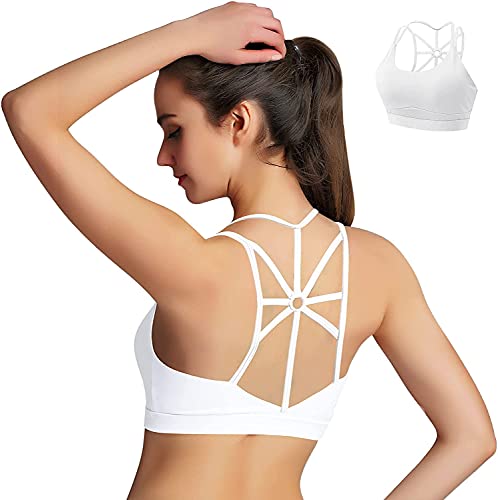 HBselect Sport BH Damen Bustier Gepolstert Sportbekleidung bauchfreie Sportoberteile mit rückseitigem Riemchendesign mittelstarkem Halt ohne Bügel atmungsaktiv Joggen Yoga Fitness (Weiß, L) Cover