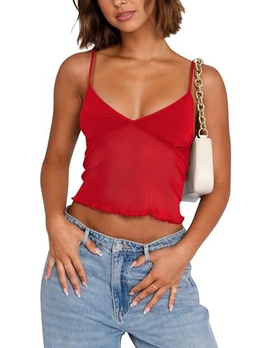 Cioatin Women Y2K Sleeveless See Through Mesh V Neck Crop Tank Cami Spaghetti Strap Bustier Slim Backless Tops Going Out Red