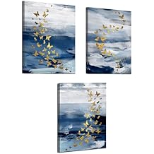 Biuteawal Abstract Canvas Wall Art for Living Room Gold Butterfly on Blue Background Painting Prints Modern Creative Artwork 3 Panels Framed Pictures Bathroom Bedroom Office Kitchen Ready to Hang