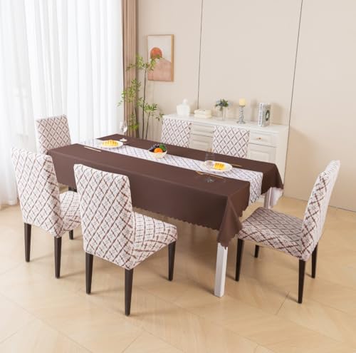 Image of HOMETHREADS Stretchable Elastic Jacquard Chair Seat Cover and Waterproof Dining Table Cover | Removable,Washable & Durable Chair Protector |for Dining Room (F Brown, 4Chairs+1Table Cover (150X180))