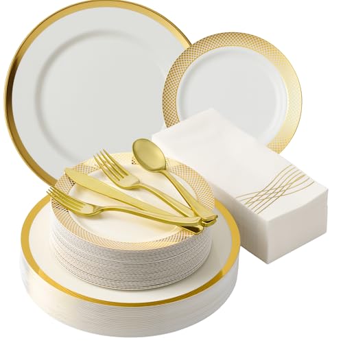 By Madee HEAVYWEIGHT Fancy Plastic Dinnerware Sets – White and Gold Disposable Plates, Premium Cutlery & Linen-Like Napkins | Elegant Disposable Dinnerware Set - 175 Pc for 25 Guests