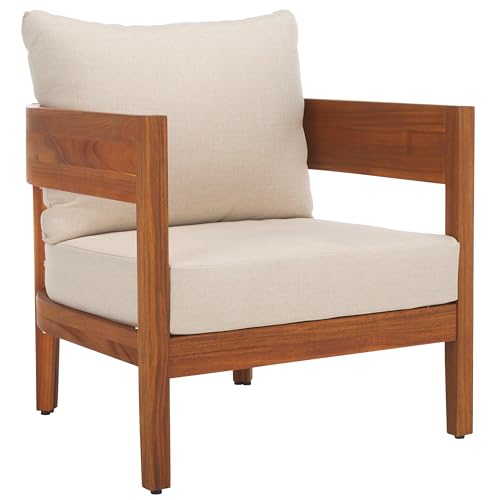 SAFAVIEH Outdoor - Theo Armchair Set of 2 - Natural & Taupe - Solid Wood with Cushion - Mid-Century Slatted Frame Design - Ideal for Patio, Deck, Porch, Backyard, 15" Seat Height (PAT7087A-SET2)