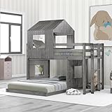 Harper & Bright Designs House Bunk Beds Twin Over Full Size, Wood Bunk Beds with Roof and Window (Distressed Grey, Twin Over Full)
