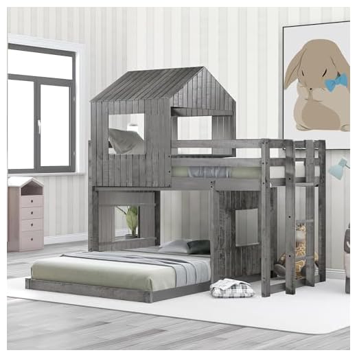 Harper & Bright Designs House Bed Bunk Beds Twin Over Full Size, Wood Bunk Beds with Roof and Guard Rail for Kids, Toddlers, No Box Spring Needed