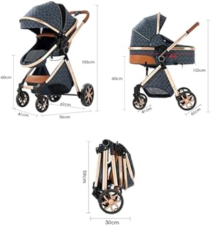 2 in 1 Baby Stroller, Convertible Pram, Reversible Standard Stroller, Portable Baby Buggy, Infant Carriage, Foldable High Landscape Pushchair for Toddler Newborn (225 Black Gold)