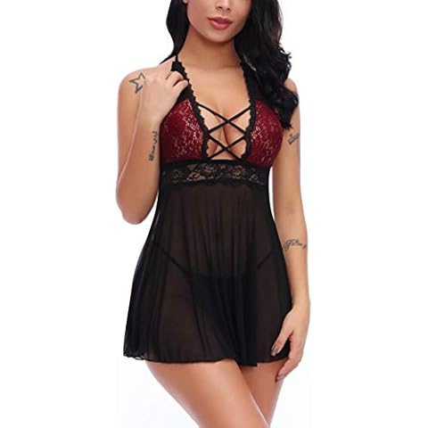 Charmnight Women Sexy Lingerie Babydoll Nightwear Lace Sleepwear Underwear Set (Black-XXXL) Cover