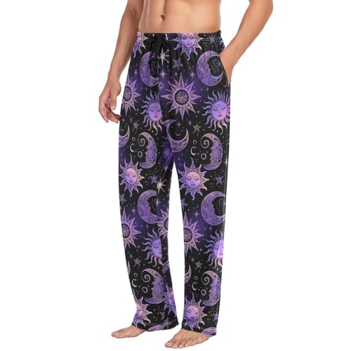Men’s Sun Moon and Stars Pajama Pants with Pockets, Comfortable Lounge Sleep Bottoms#2684