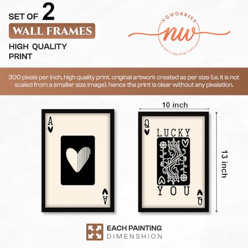 Image of NoWorries Typography Playing Cards Wall Art Framed Painting | Lucky Ace and Queen Heart Card Art Prints | Minimal Black & White Aesthetic Wall Decor | Premium 300 GSM Paper Print with Synthetic Wooden Frame | Modern Wall Art for Living Room, Bedroom & Office (Set of 2) (BLACK, ART-5, 10X13INCHES)