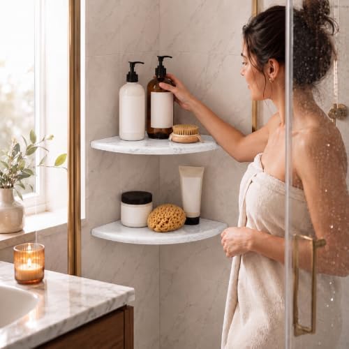 Chunful 4 Pcs White Marble Corner Shower Shelf for Bathroom 9 x 9 Inch Wall Mounted Both Sides Polished Marble Corner Shelves Shower Caddy for Bathroom Wall (Stylish) - 5