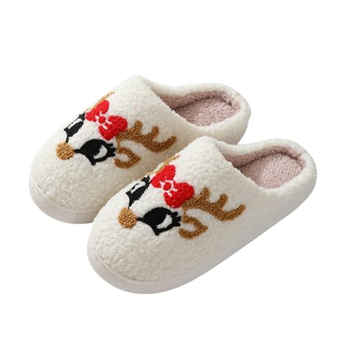Christmas Slippers Memory Foam for Women Men, Cozy Plush Warm Non-Slip Holiday Slides with Santa Reindeer Designs Indoor Outdoor