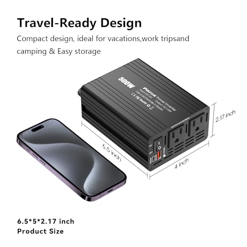 500W power inverter 12v to 110v,dc to ac converter for car with 24W Quick Charge/65W USB-C,power inverter for car cigarette lighter,12 Volt Power Inversor