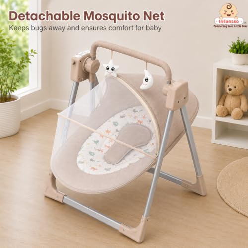 Image of Infantso Automatic Baby Swing with 5 Point Safety Harness, Adjustable Swing for Baby 0-2 Years with Bluetooth & Remote Control, 5-Speeds, Mosquito Net, Soothing Music, Free Cushion